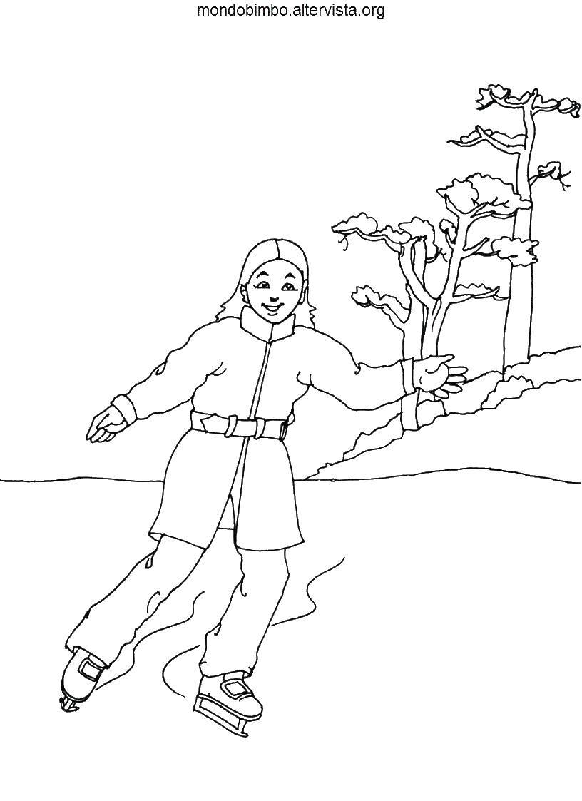 Розмальовки  Дівчинка на ковзанці. Завантажити розмальовку зима, каток, ковзани, дівчинка.  Роздрукувати ,зима,