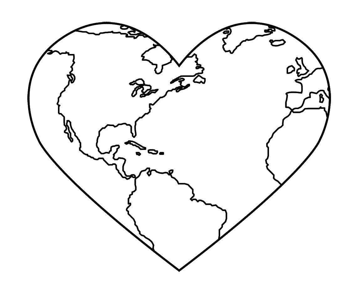 Розмальовки  Земля у формі серця. Завантажити розмальовку серце, Земля, світ.  Роздрукувати ,Сердечка,