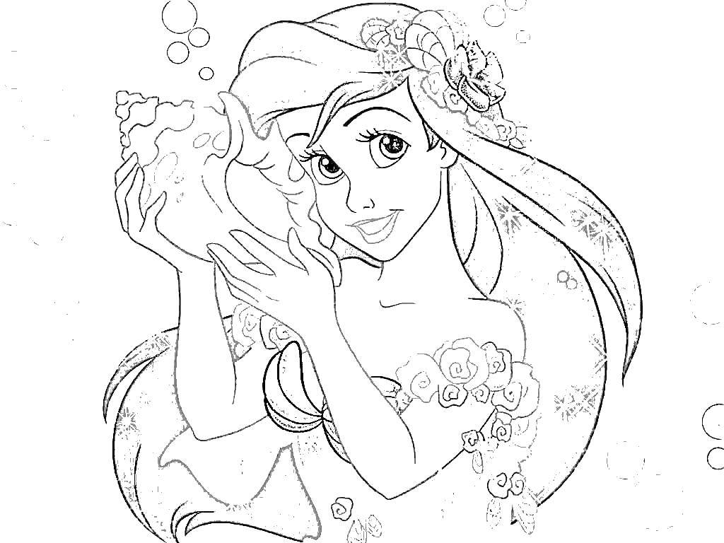 Coloring Ariel with shell. Category Disney cartoons. Tags:  Ariel, mermaid.