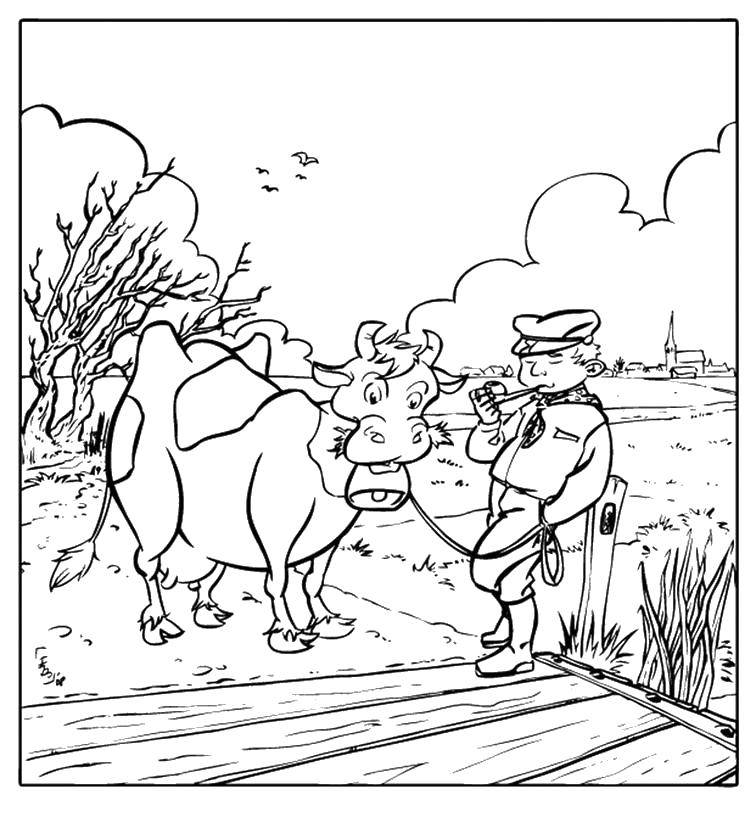 Название: Раскраска Фермер с коровой. Категория: домашние животные. Теги: Животные, корова.