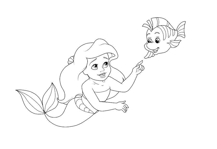 Coloring Baby Ariel and flounder. Category Disney cartoons. Tags:  Disney, the little mermaid, Ariel.