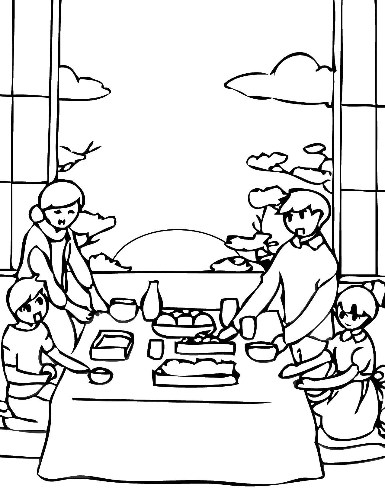 Название: Раскраска Ужин всей семьи. Категория: Семья. Теги: Семья, родители, дети.