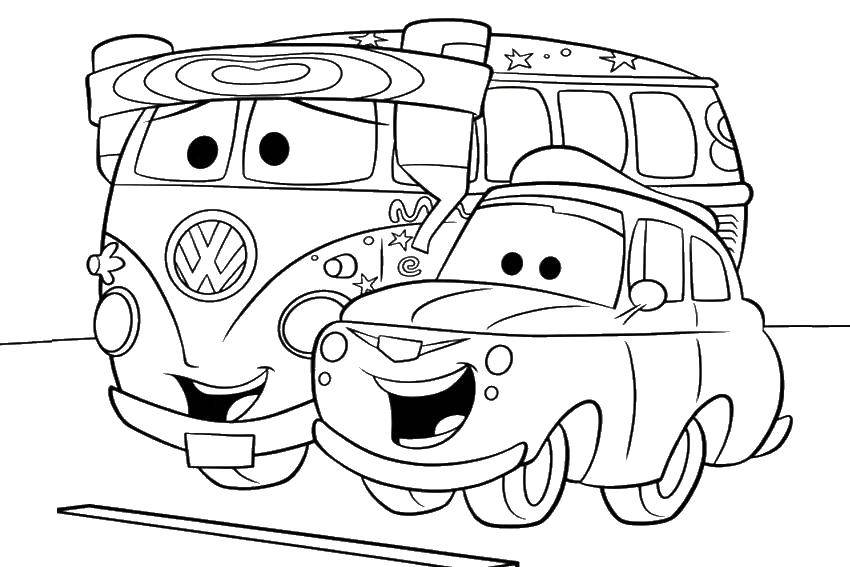Розмальовки  Автобус і машина. Завантажити розмальовку Тачки, мультфільми, автобус, машина.  Роздрукувати ,Тачки,
