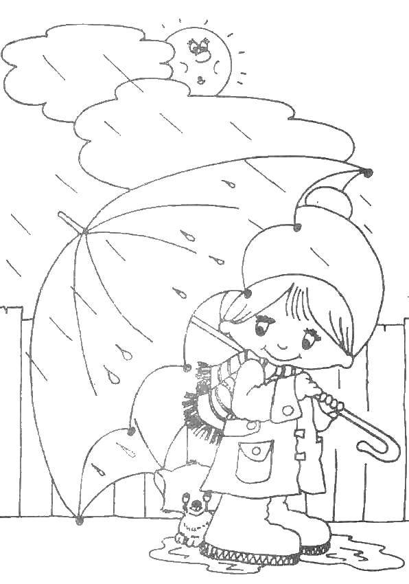 Розмальовки  Дощ не страшний під парасолькою. Завантажити розмальовку Дощ, парасолька, осінь.  Роздрукувати ,Дощ,