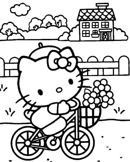 Розмальовки  Хеллоу кітті на велосипеді. Завантажити розмальовку хеллоу кітті, велосипед.  Роздрукувати ,Хеллоу Кітті,