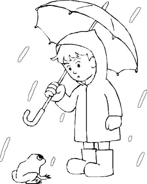 Розмальовки  Жаба вийшла в дощ. Завантажити розмальовку Дощ, парасолька, осінь.  Роздрукувати ,Дощ,