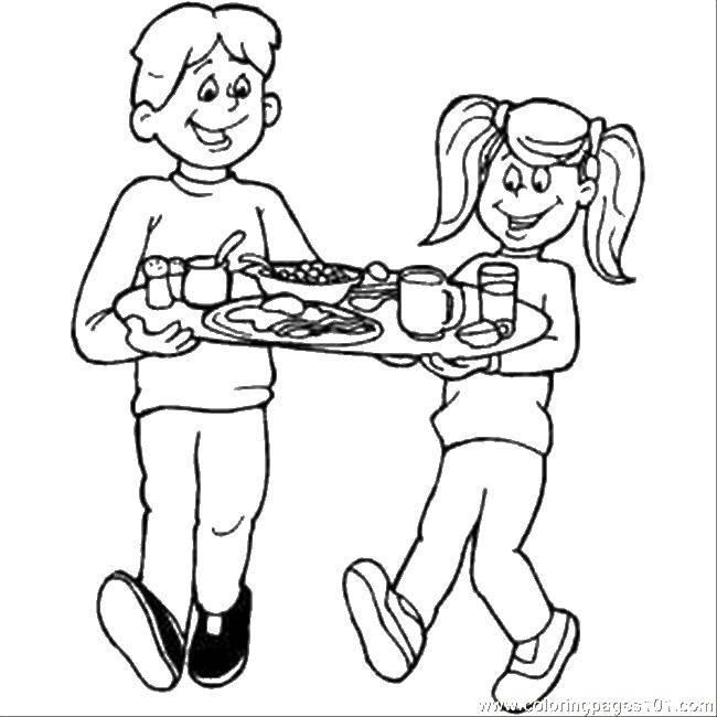 Розмальовки  Хлопчик і дівчинка з підносом. Завантажити розмальовку хлопчик, дівчинка, піднос.  Роздрукувати ,Їжа,