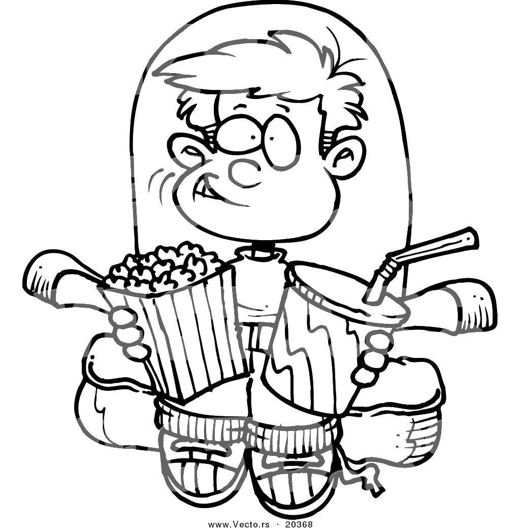 Розмальовки  Хлопчик з попкорном і напоєм. Завантажити розмальовку фільми, кінотеатри, попкорн.  Роздрукувати ,Фільми,