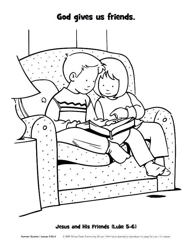 Coloring Friends with a book. Category children. Tags:  children, friends, chair.