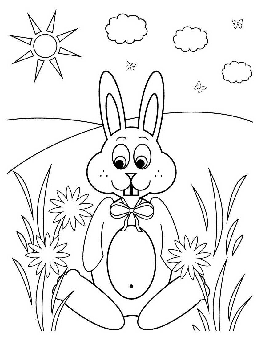 Название: Раскраска Кролик на лугу. Категория: домашние животные. Теги: кролик, заяц.