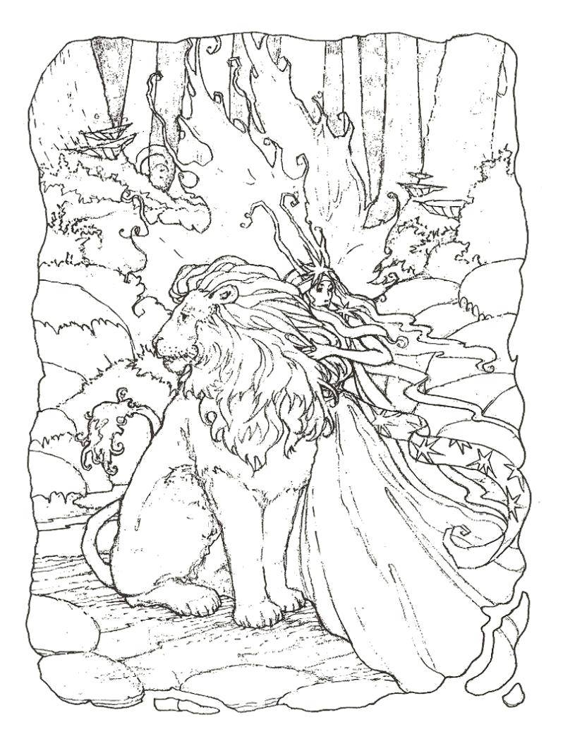 Название: Раскраска Лесная фея с царем зверей. Категория: феи. Теги: Фея, лес, сказка, лев.
