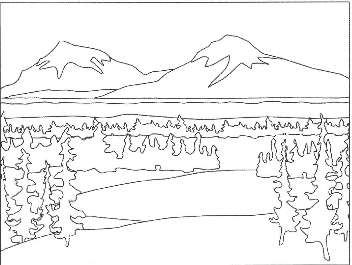 Название: Раскраска Лесная роща около снежных год. Категория: Природа. Теги: Природа, лес, горы.