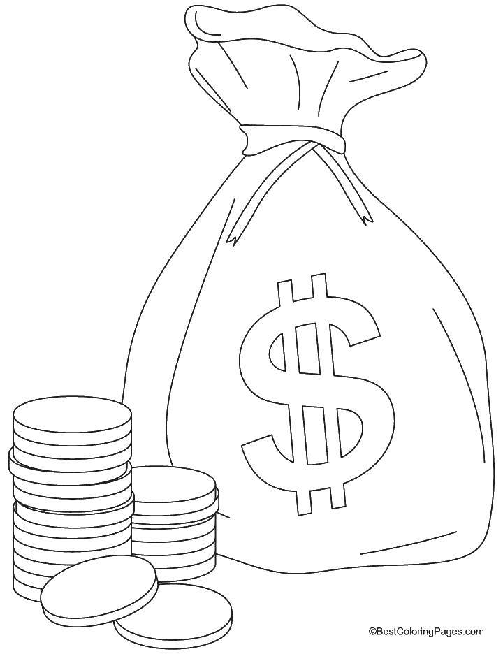 Название: Раскраска Мешок денег и монеты. Категория: Деньги. Теги: деньги, мешок, монеты.