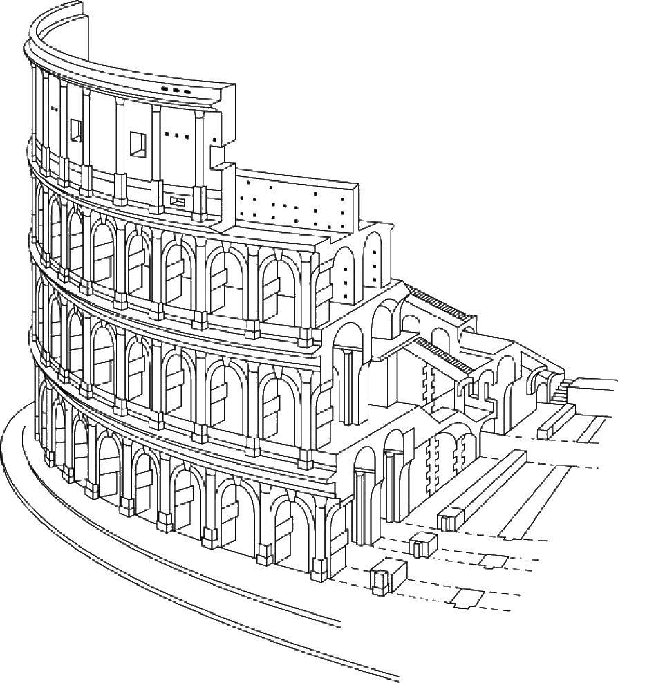 Coloring Half of the Colosseum. Category coloring. Tags:  attractions, ancient Rome, Colosseum.