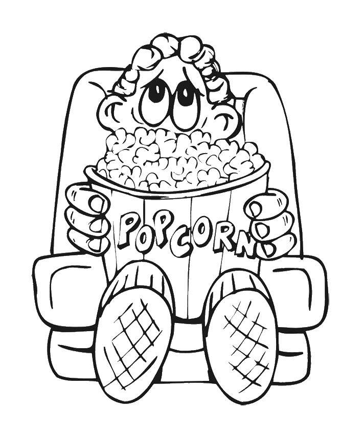 Название: Раскраска Посетитель кинотеатра с попкорном. Категория: Фильмы. Теги: кинотеатр, попкорн, еда.