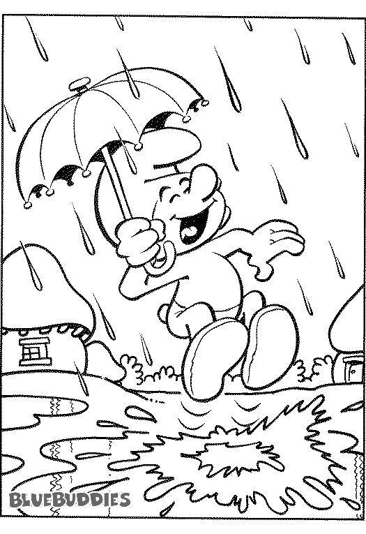 Название: Раскраска Смурфику нравится дождик. Категория: Дождь. Теги: Дождь, зонт, осень.