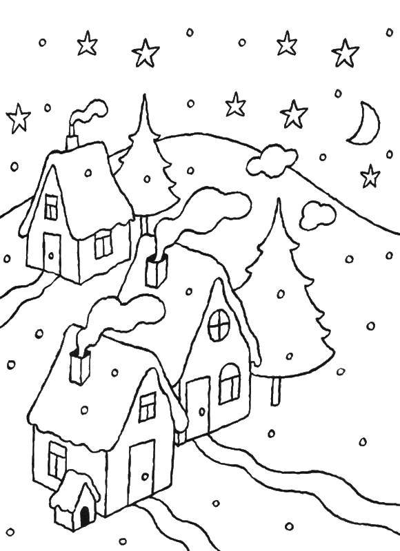 Название: Раскраска Снегопад над деревней. Категория: раскраски. Теги: Зима, первый снег, радость, дети.