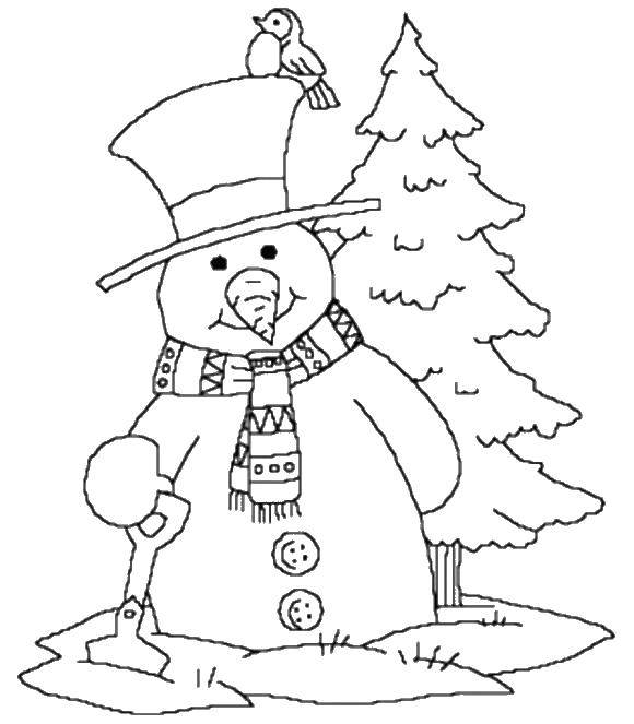 Название: Раскраска Снеговичок с лопаткой. Категория: раскраски. Теги: Снеговик, снег, зима.