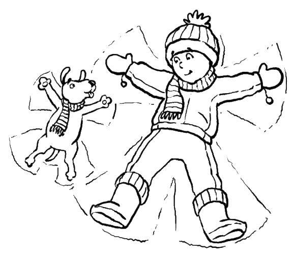 Coloring Snow angels. Category coloring. Tags:  Winter, snow, joy, kids, dog.