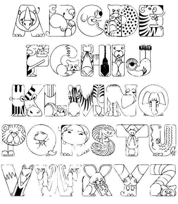 Розмальовки  Букви звірі. Завантажити розмальовку літери , що англійський алфавіт, звірі, тварини.  Роздрукувати ,Літери ,