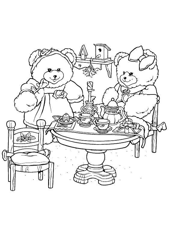 Розмальовки  Чаювання ведмедиків. Завантажити розмальовку Тварини, ведмідь.  Роздрукувати ,розмальовки,