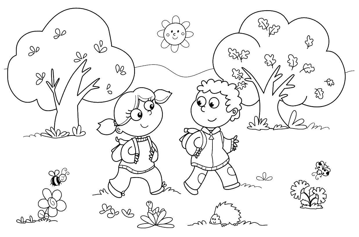 Опис: розмальовки  Діти гуляють. Категорія: діти. Теги:  діти, хлопчик, дівчинка, прогулянка, сад.
