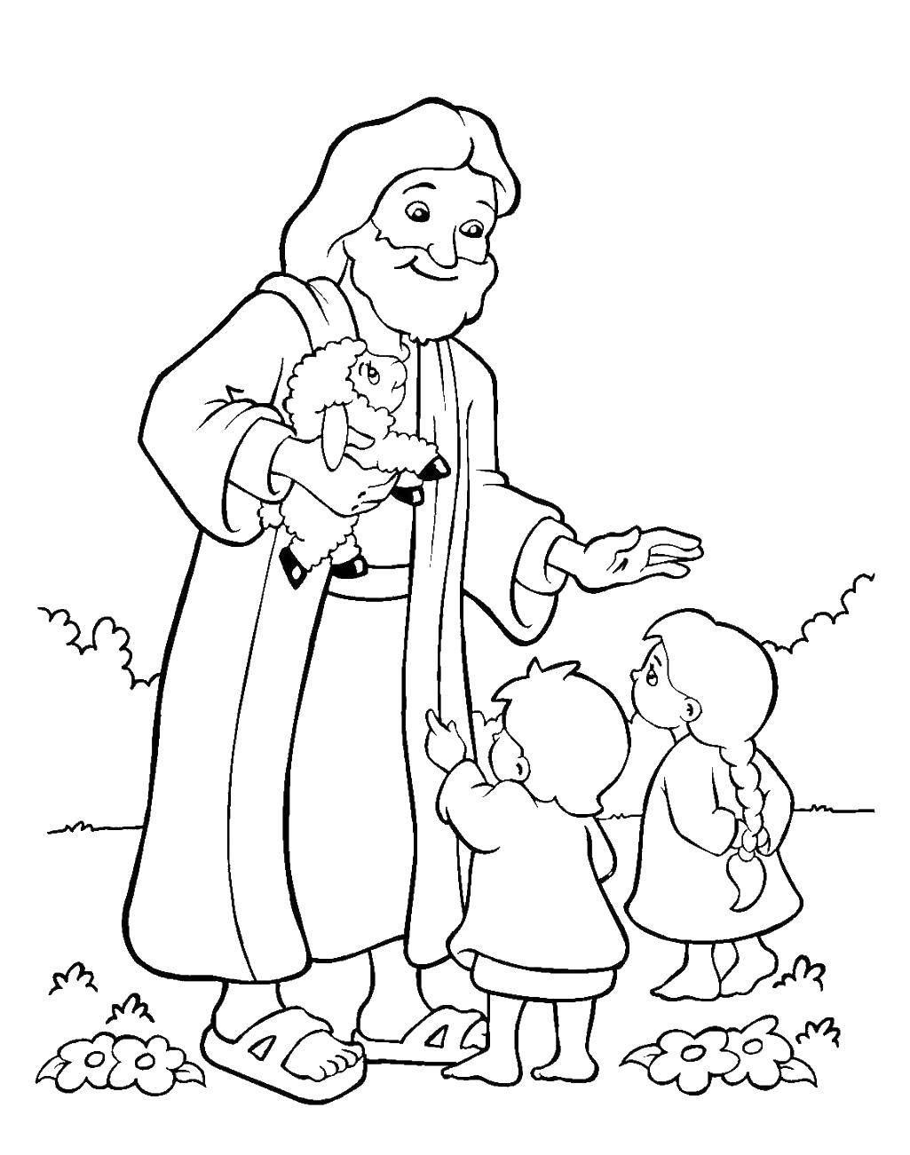 Розмальовки  Ісус приніс овечку дітям. Завантажити розмальовку ісус, біблія.  Роздрукувати ,біблія,