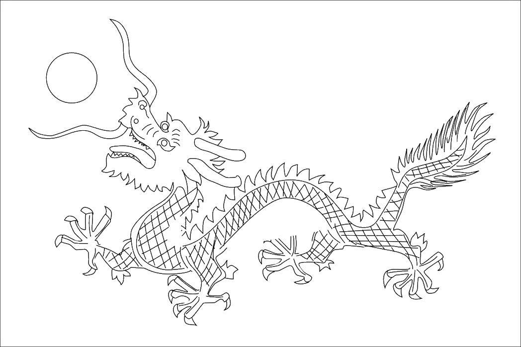 Розмальовки  Китайський дракон і сонце. Завантажити розмальовку Китай.  Роздрукувати ,Китай,