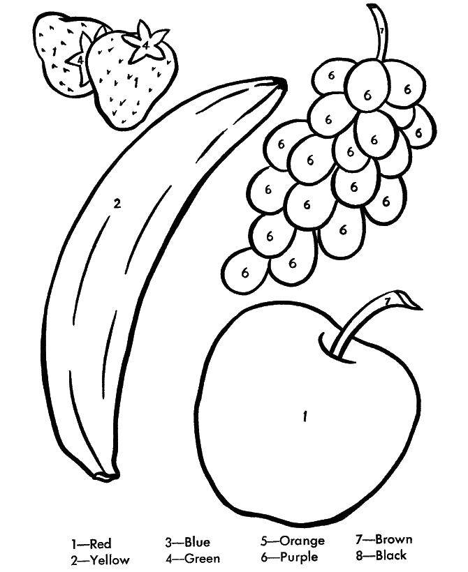 Название: Раскраска Банан, яблоко, виноград, клубника. Категория: фрукты. Теги: фрукты, ягоды.