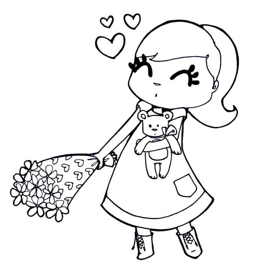 Coloring Girl with a bouquet. Category For girls. Tags:  girl , bear, toy, flowers.