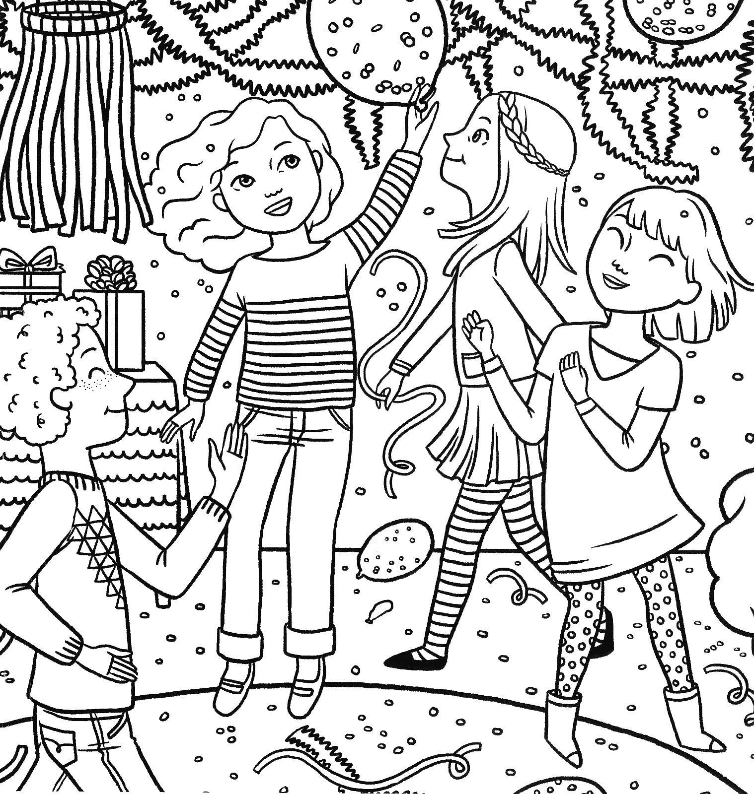 Coloring Girls at the party. Category coloring. Tags:  holiday, party, girls.