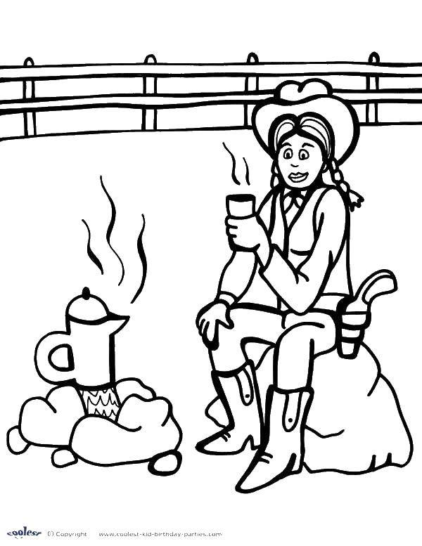 Название: Раскраска Девушка кавбой пьет чай. Категория: Люди. Теги: люди, кавбой, девушка.