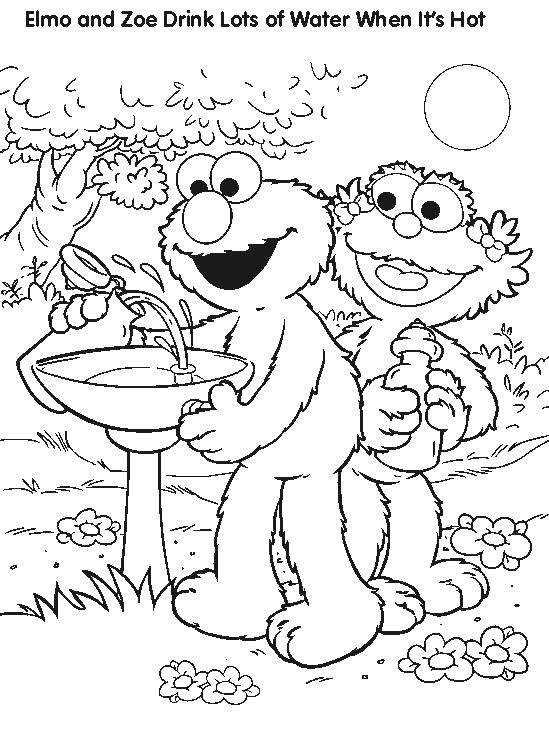 Coloring Elmo and Zoe drink water. Category Monsters. Tags:  monsters, Elmo, Zoe.