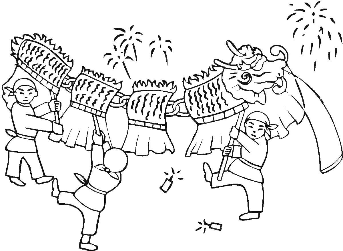 Название: Раскраска Китайцы с драконом. Категория: Китай. Теги: Китай, дракон.