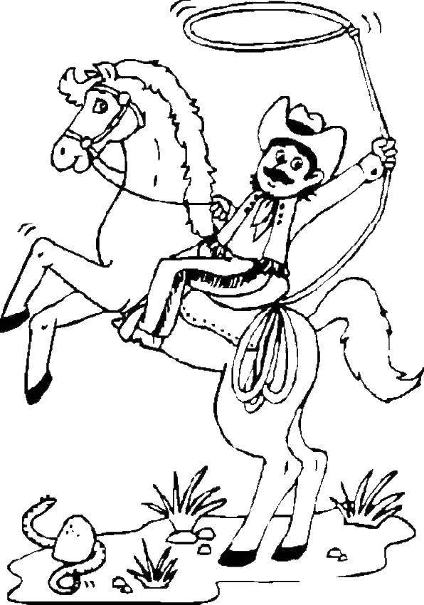 Название: Раскраска Ковбой на лошаде. Категория: лошади. Теги: ковбой, лошадь.