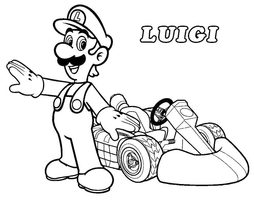 Название: Раскраска Луиджи на гоночной машине. Категория: Персонаж из игры. Теги: Луиджи, Персонаж из игры.