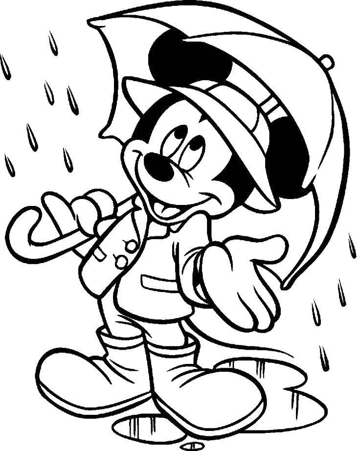Название: Раскраска Микки маус с зонтом. Категория: Погода. Теги: погода, дождь, микки маус.