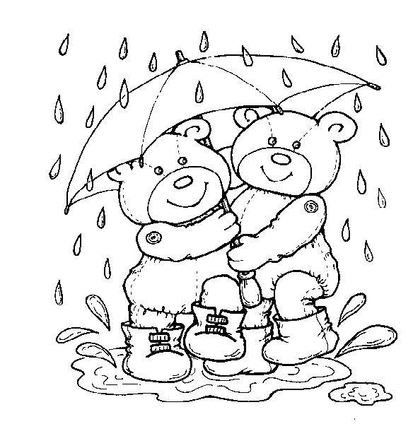 Название: Раскраска Мишки под зонтиком. Категория: Погода. Теги: погода, мишки, зонт, дождь.