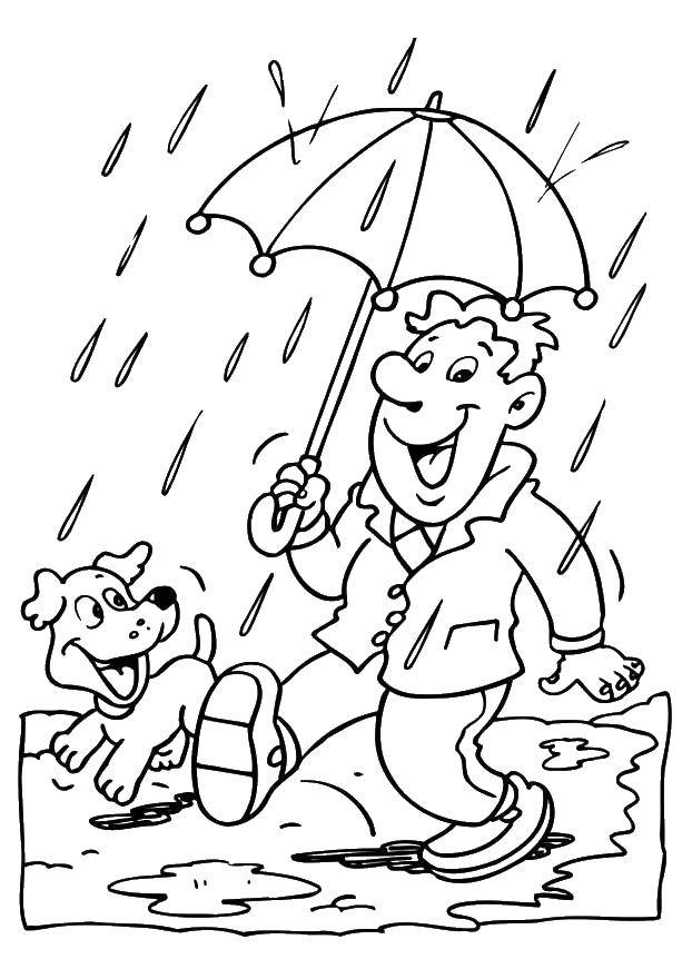 Coloring A man with a dog in the rain. Category Weather. Tags:  weather, rain, man, doggy.