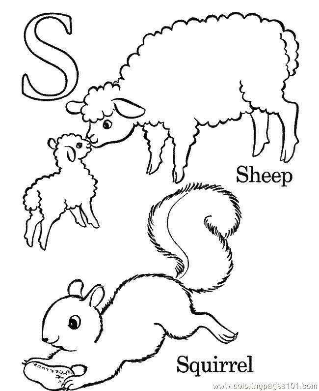Coloring Sheep and squirrel. Category English alphabet. Tags:  The alphabet, letters, words.