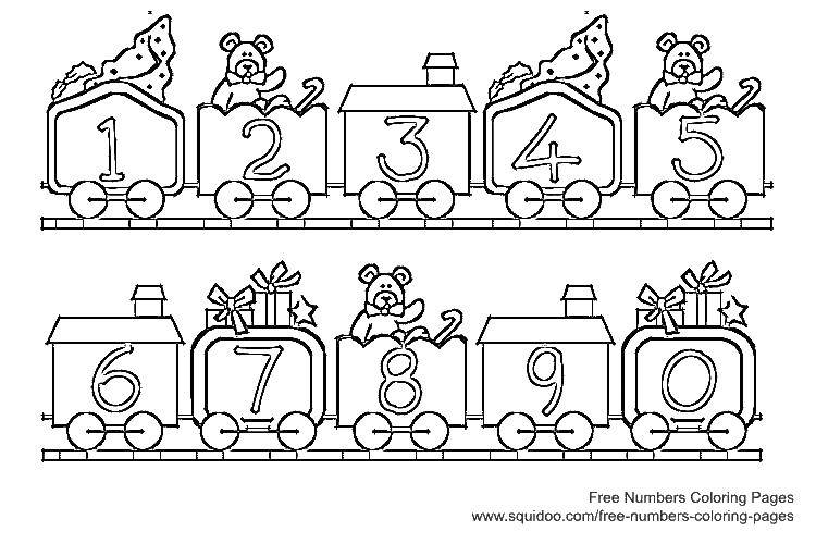 Название: Раскраска Поезд с числами. Категория: Обучающие раскраски. Теги: Цифры, счёт, числа.