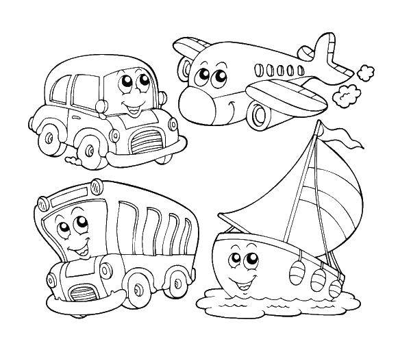 Название: Раскраска Разный транспорт. Категория: транспорт. Теги: транспорт, машины, самолеты, автобус, кораблик.