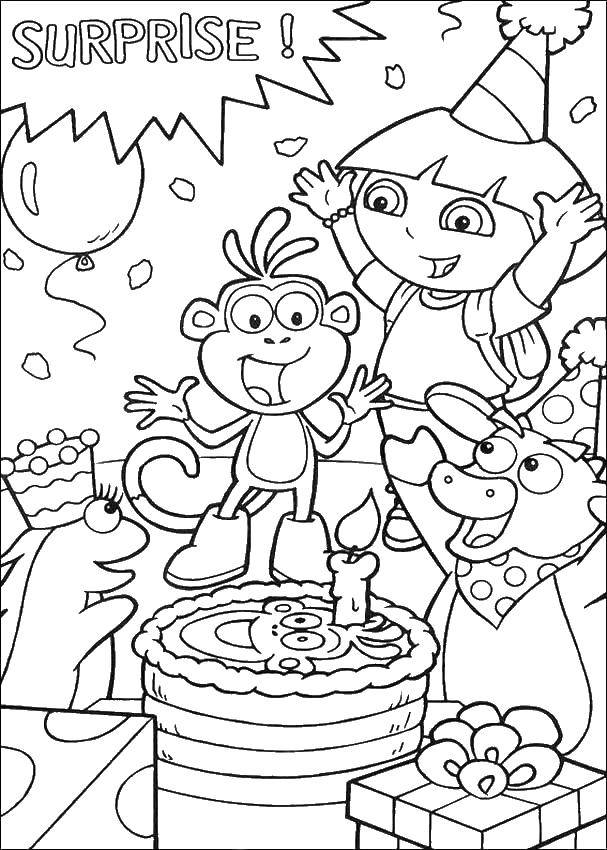 Coloring Surprise. Category Dasha traveler. Tags:  Dora the Explorer cake, surprise party.