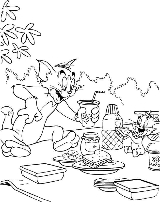 Название: Раскраска Том и джери на пикнике. Категория: мультфильмы. Теги: мультфильмы, Том, Джери, пикник.