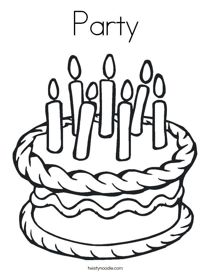 Название: Раскраска Торт на вечеринку. Категория: раскраски. Теги: праздник, вечеринка, торт, свечи.