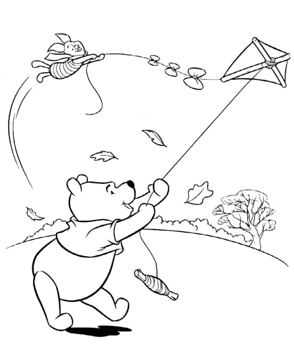 Coloring Winnie the Pooh pushing Piglet. Category a kite. Tags:  Cartoon character.