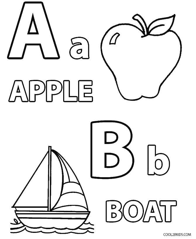 Название: Раскраска Яблоко и лодка. Категория: Английский алфавит. Теги: Алфавит, буквы, слова.