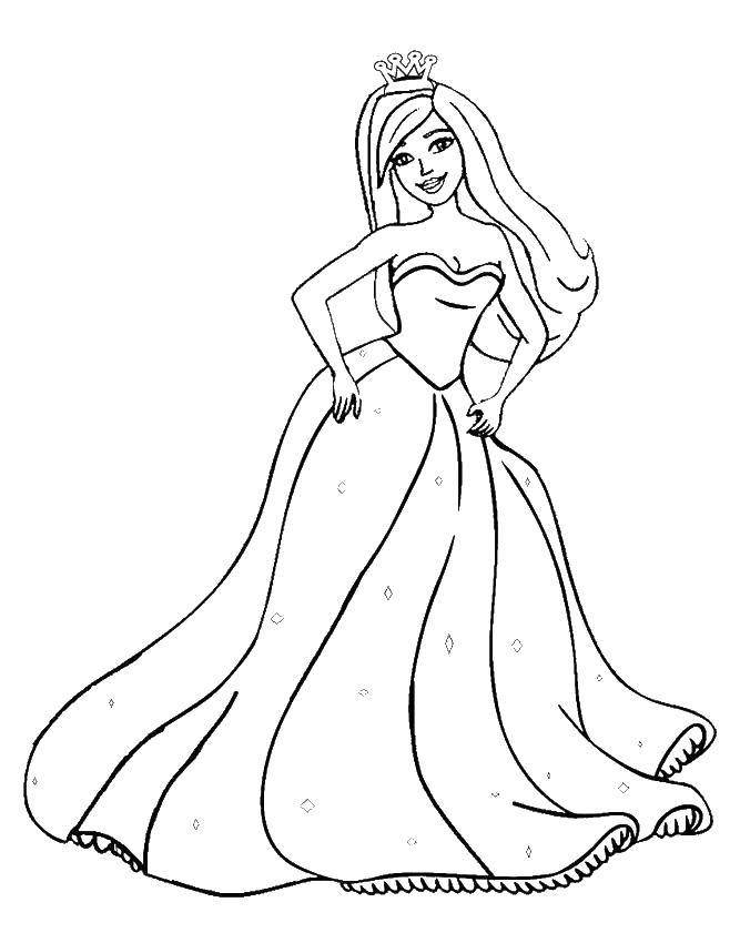 Раскраска Барби в красивом платье с короной Скачать ,мультфильмы, барби, принцессы, корона,.  Распечатать 