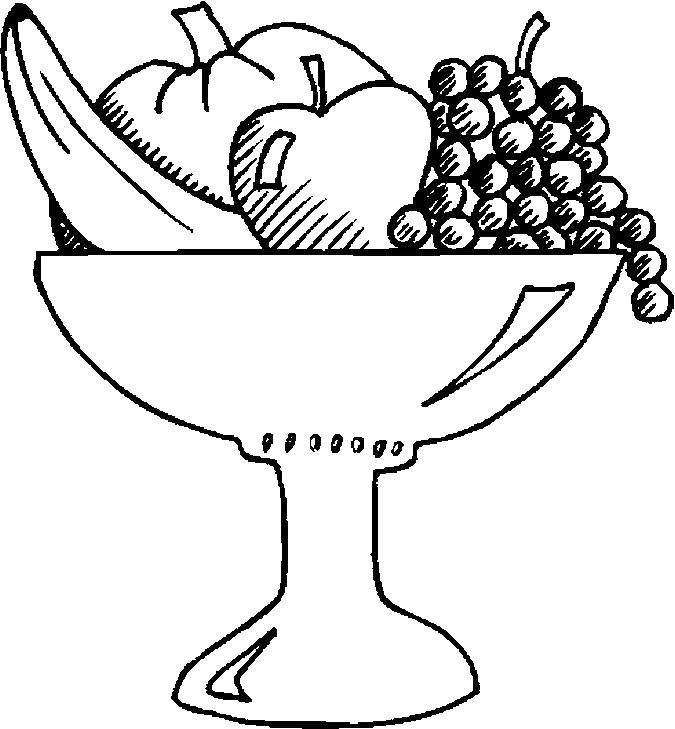 Раскраска Чаша с фруктами Скачать ,фрукты, чаша, яблоки, банан, виноград,.  Распечатать 