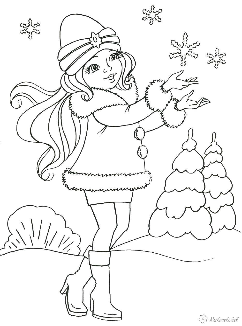 Розмальовки  Дівчинка ловить сніжинки. Завантажити розмальовку зима, сніжинки, сніг, дівчинка.  Роздрукувати ,зима,